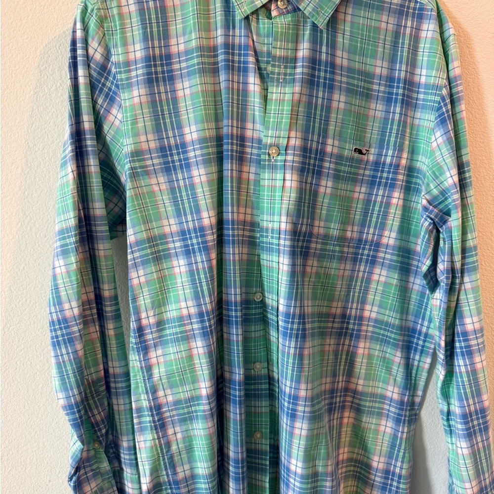 Green and Blue Plaid Button-Up Shirt